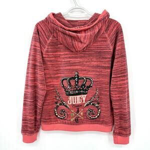 Juicy Couture Size Large Pink/Salmon Velour Zip-Up Hooded Sweatshirt Jacket Y2K